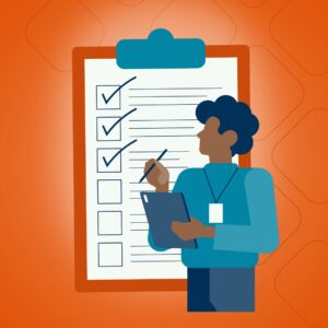illustration depicting a professional using a marketing audit checklist