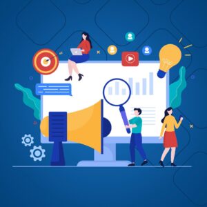 illustration people using social media tools to target customers and grow their brand