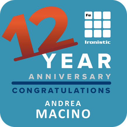 Andi - 12 - ironistic Celebration graphic: large orange 12 over blue background with year anniversary and congratulations text, ironistic logo, and the name andrea macino. - ironistic