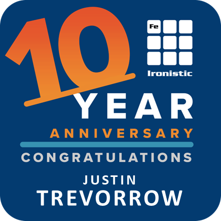Jt - 10 - ironistic Graphic commemorating ironistic - ironistic's 10-year anniversary with the bold orange '10', the words 'YEAR', 'ANNIVERSARY', 'CONGRATULATIONS', the Ironistic logo, and the name Justin Trevorrow on a blue background.