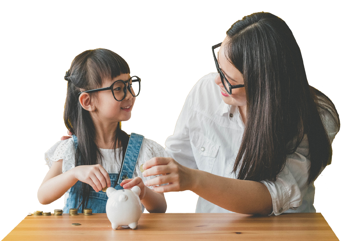 Mother and daughter with piggy bank