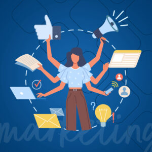 A graphic of a woman is shown multitasking and the point is exaggerated by the fact that she has six arms.