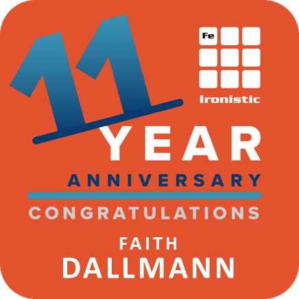 Faith - 11 - ironistic Orange anniversary graphic: large blue - ironistic'11' over a blue line, 'YEAR' and 'ANNIVERSARY' with 'CONGRATULATIONS', 'FAITH DALLMANN' at the bottom, plus Ironistic logo on the top right.