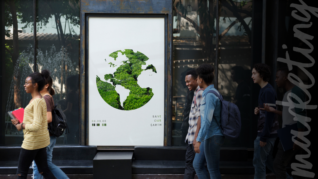 Young people walk past a “Save Our Earth” poster with a green globe, an example of nonprofit awareness marketing.