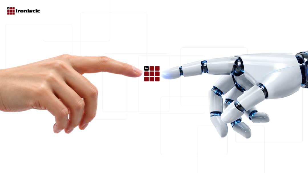 a human hand reaching toward a robotic hand with the Ironistic logo in the middle representing AI in content marketing
