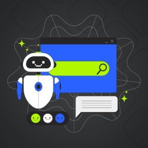 AI search and LLM optimization: happy robot next to a blue and green search engine bar