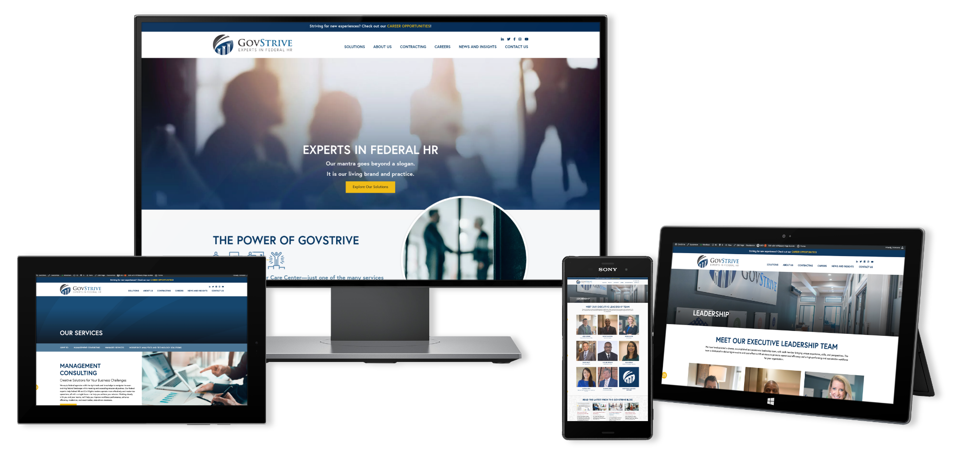 A computer, ipad, tablet and phone all with the same website on each of them. - ironistic