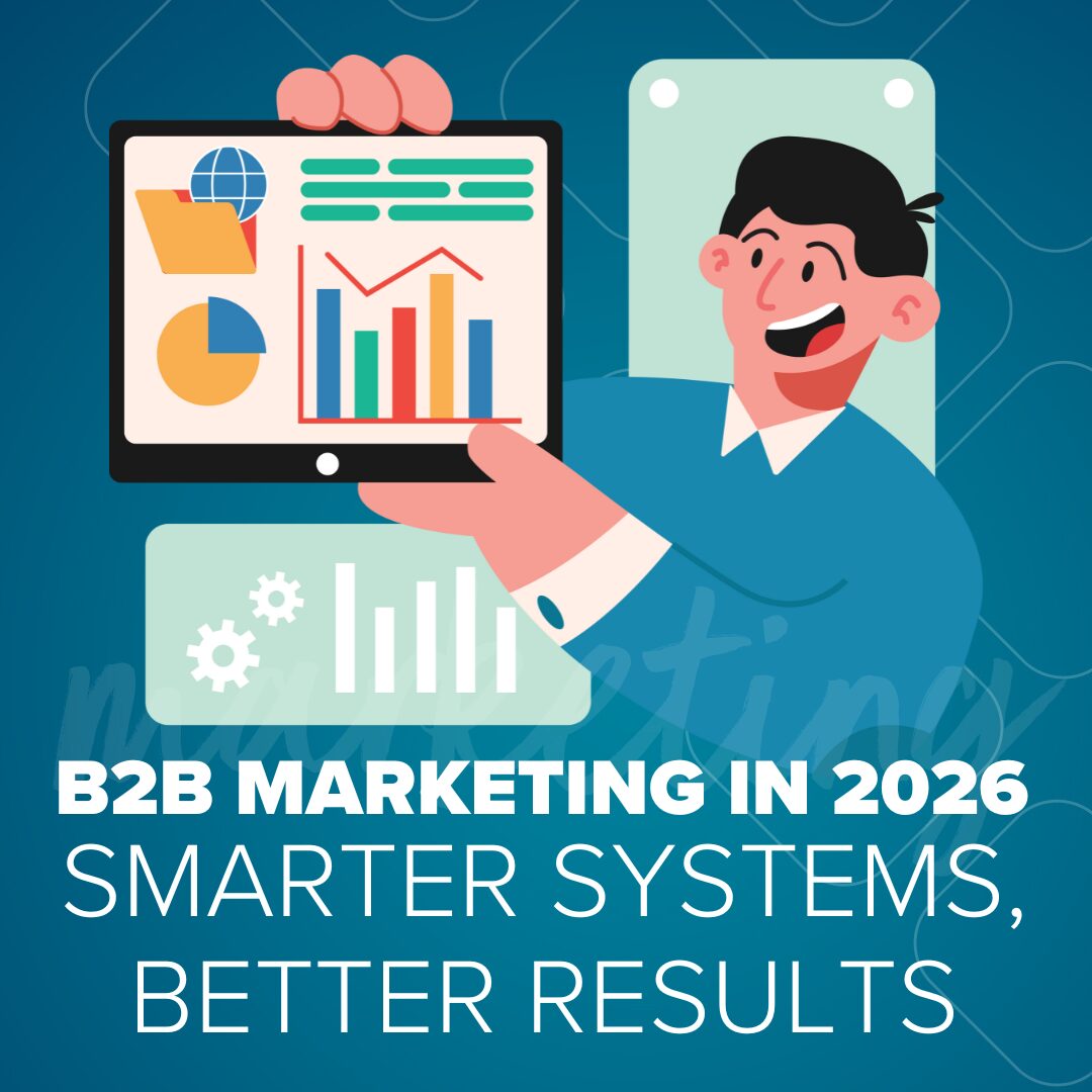 Blog graphic titled B2B Marketing in 2026, Smarter Systems, Better Results
