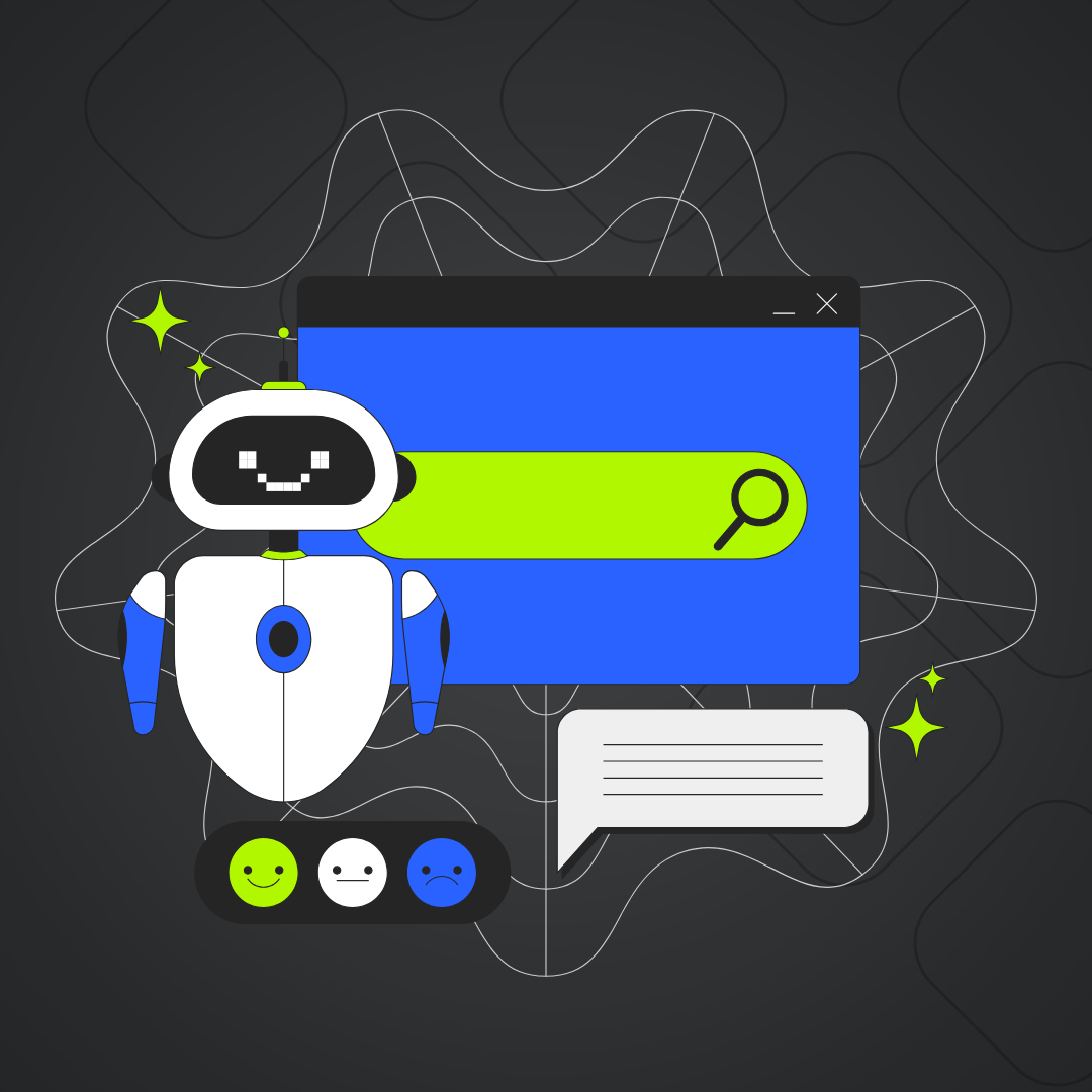 Ai search and llm optimization: happy robot next to a blue and green search engine bar - ironistic