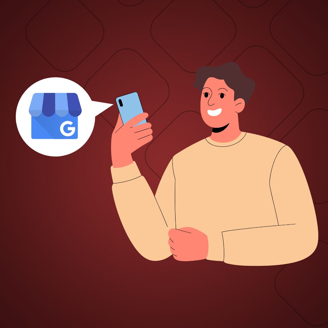 Illustration of a man holding a mobile phone and looking at his google business profile - ironistic