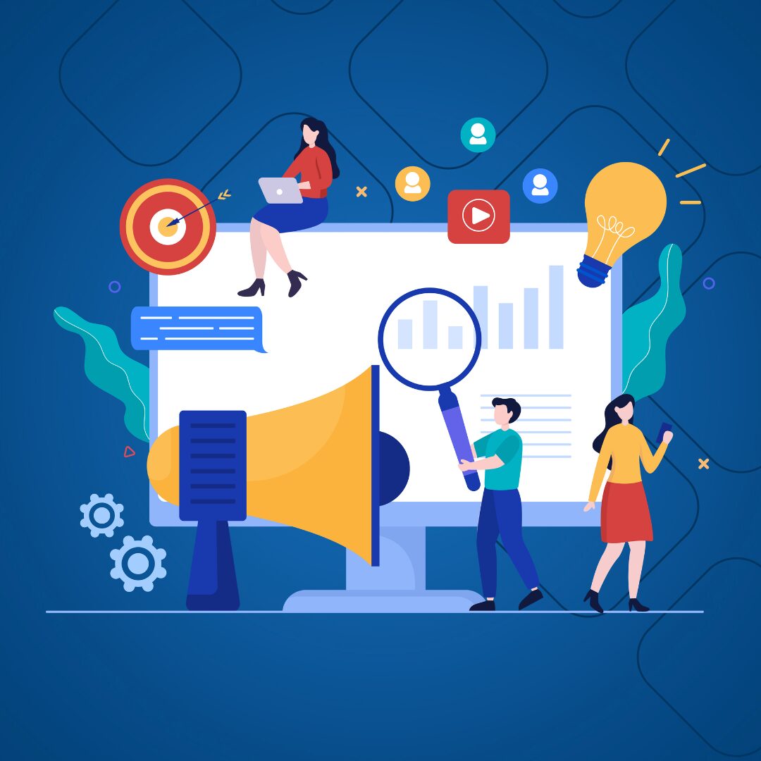 Illustration people using social media tools to target customers and grow their brand - ironistic