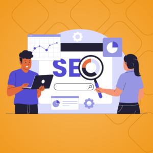 illustration showing a man and a woman searching online with a large computer in the background showing SEO