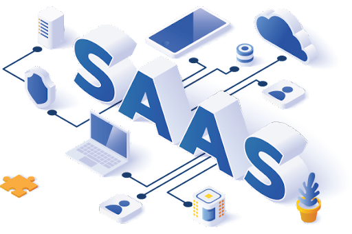 Saas - ironistic Isometric illustration of software-as-a-service (saas) with connected cloud and device icons - ironistic