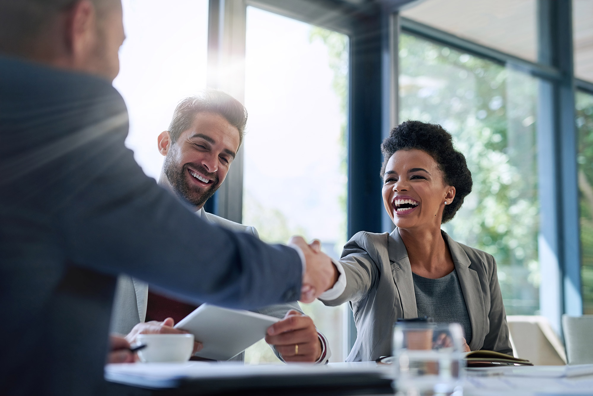 Two business professionals shaking hands in a meeting