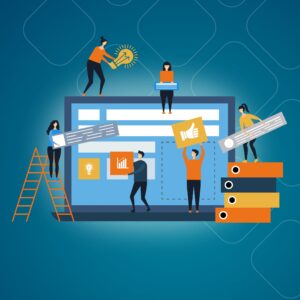 illustration depicting social media optimization - people working on social media strategy and management on a giant computer screen