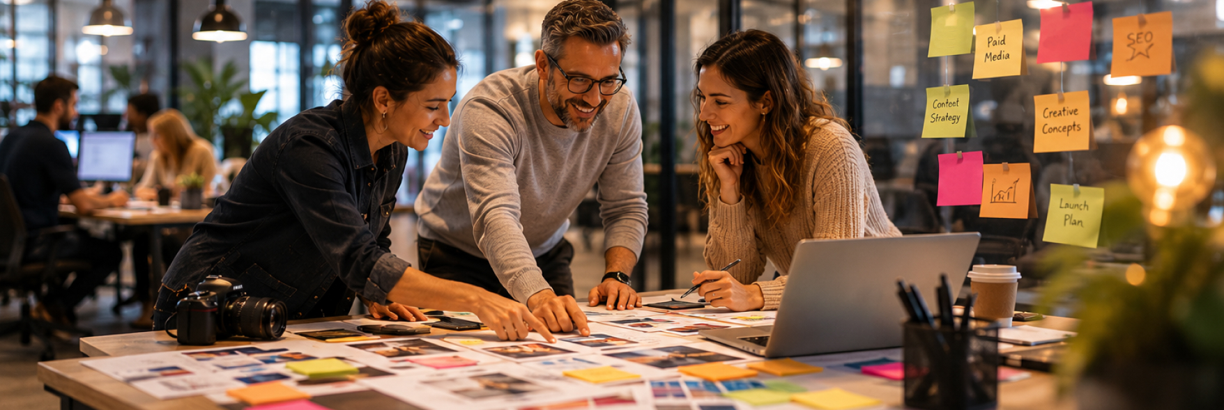Three Ironistic marketing professionals collaborating over design layouts and sticky notes in a modern office