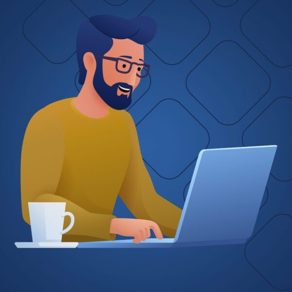 Man at his laptop with a cup of coffee learning how to write an article on linkedin - ironistic