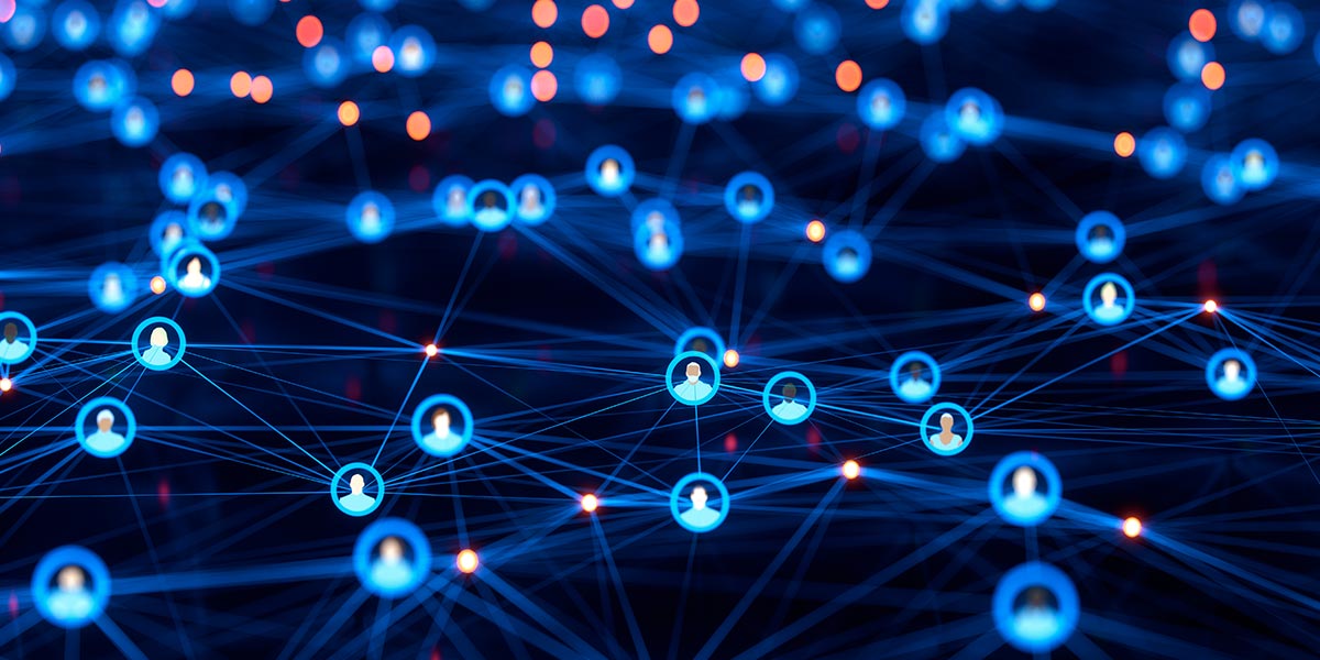 Abstract network of connected blue user icons representing LinkedIn b2b search connectivity on the web.