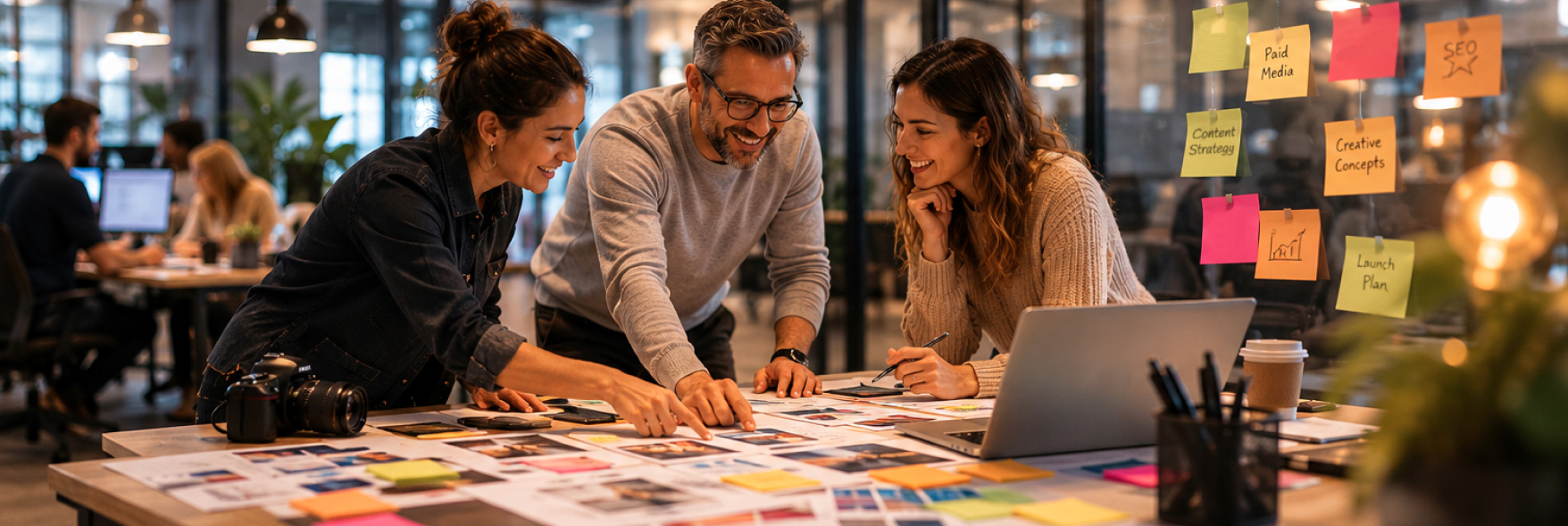Three coworkers brainstorm around a table covered in photos and colorful sticky notes, with a laptop and coffee in a modern office setting.