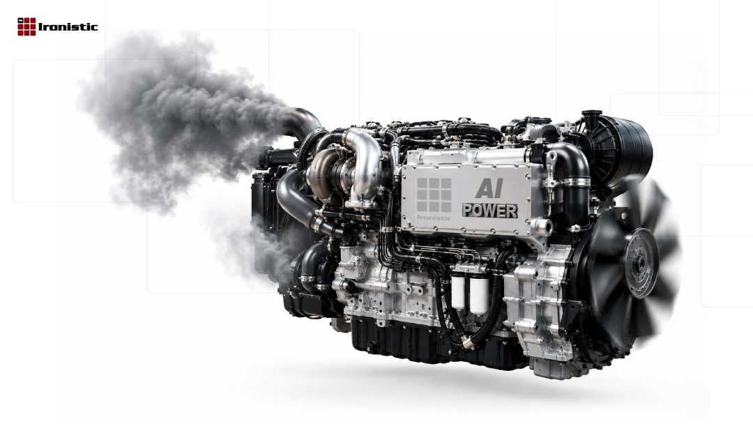Chrome industrial engine with an Ironistic “AI Power” plate, its fan spinning and gray smoke pouring from the exhaust.